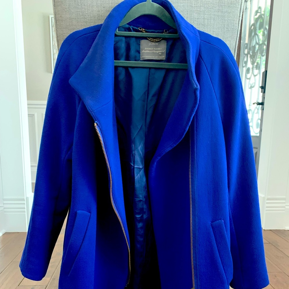 Royal blue J. Crew Double Cloth asymmetrical zip coat, Size 8.